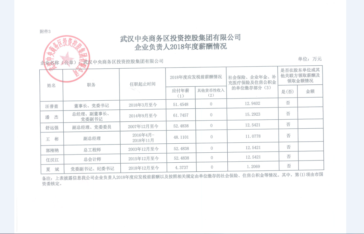 武漢中央商務(wù)區(qū)投資控股集團有限公司企業(yè)負(fù)責(zé)人2018年度薪酬情況